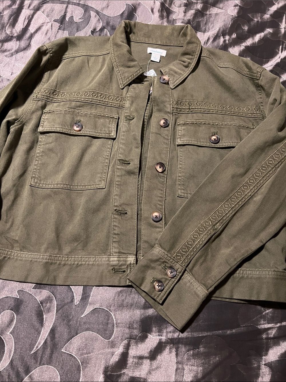 NWOT Sundance Olive Green Embroidered Cotton Shirt Jacket Women’s Large